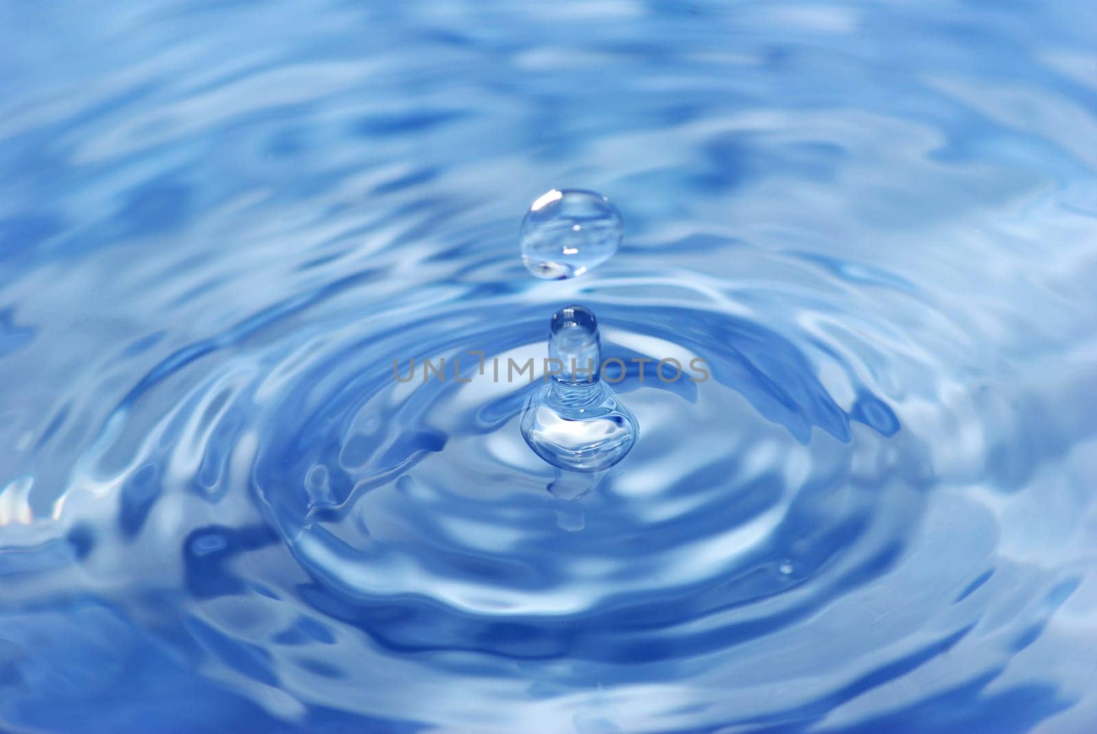 The round transparent drop of water falls downward