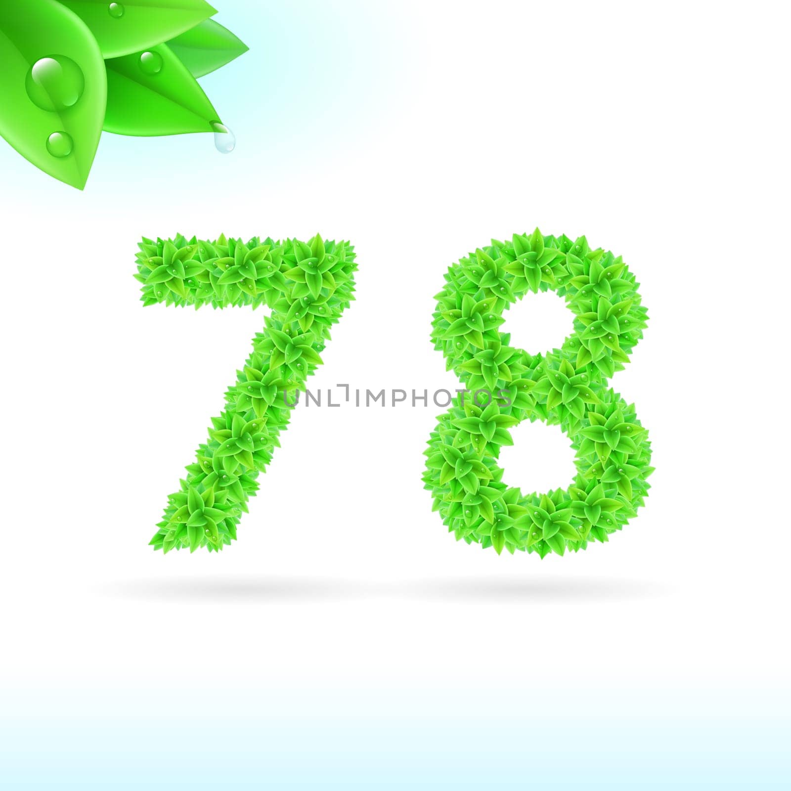 Sans serif font with green leaf decoration on white background. 7 and 8 numerals