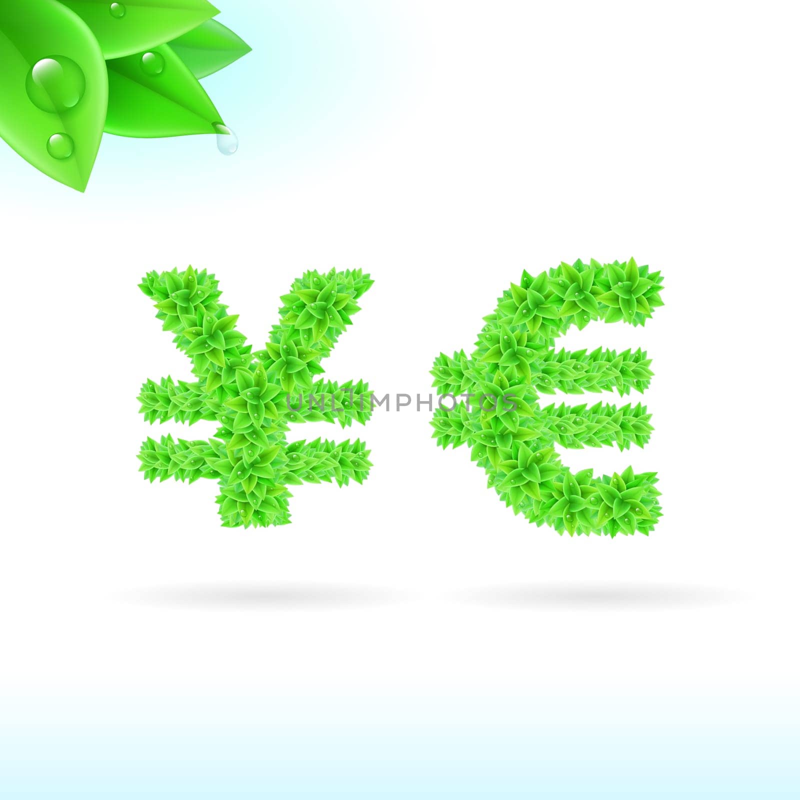 Sans serif font with green leaf decoration on white background. Yen and euro signs