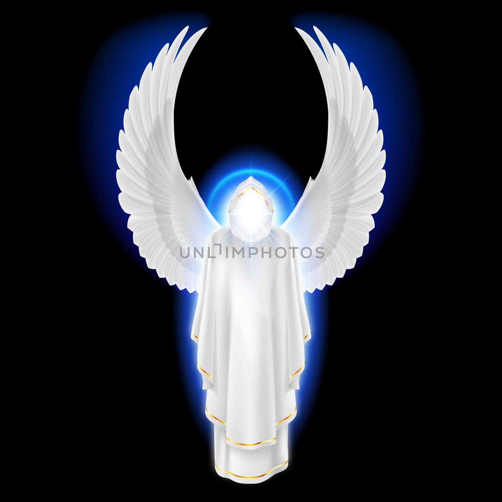 Gods guardian angel in white dress with blue radiance on black background. Archangels image. Religious concept
