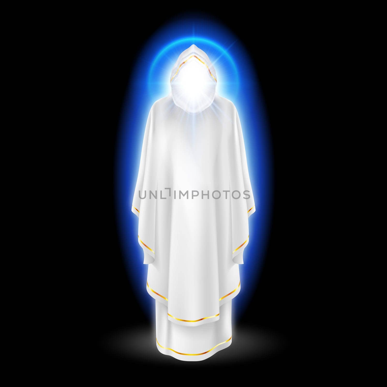 Gods guardian angel in white dress with blue radiance.  Religious concept