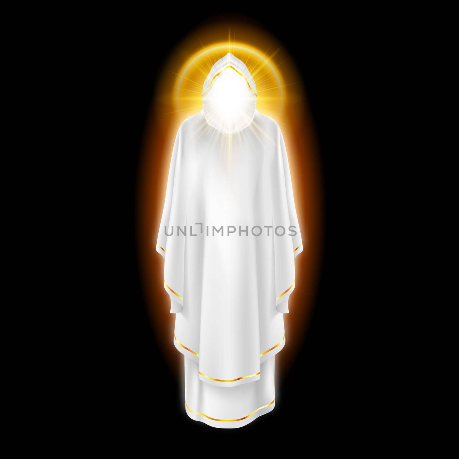 Gods guardian angel in white dress with golden radiance.  Religious concept