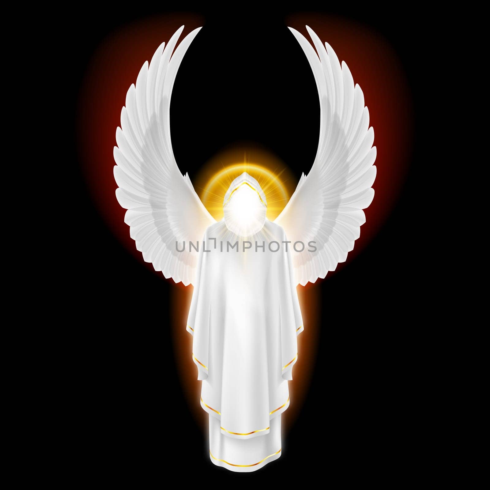 Gods guardian angel in white dress with golden radiance on black background. Archangels image. Religious concept