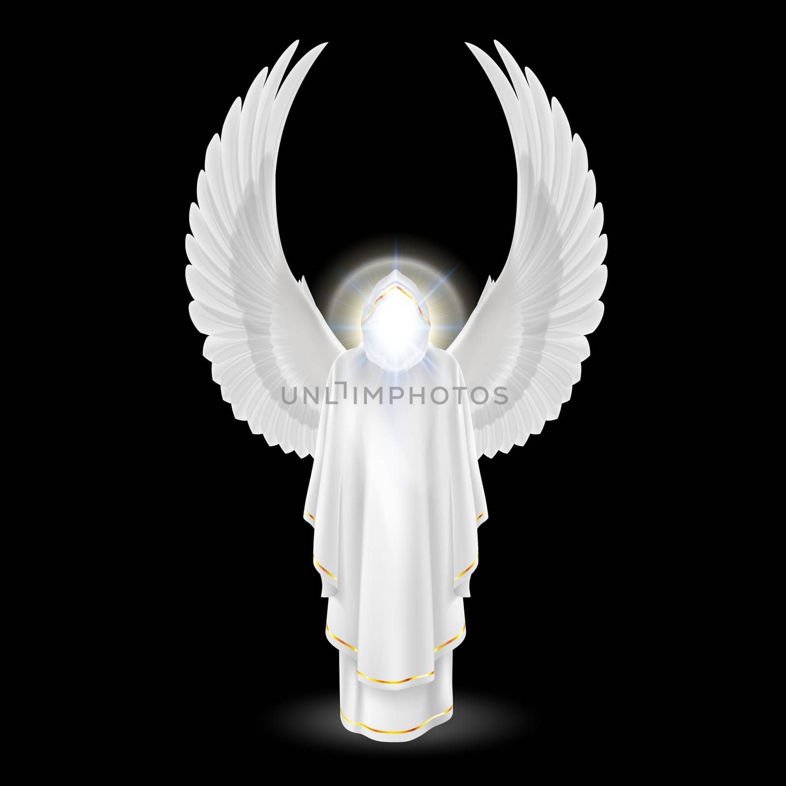 Gods guardian angel in white with wings up on black background. Archangels image. Religious concept
