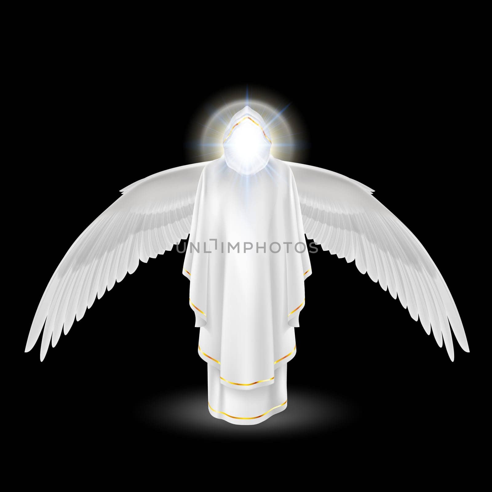 Gods guardian angel in white with wings down on black background. Archangels image. Religious concept