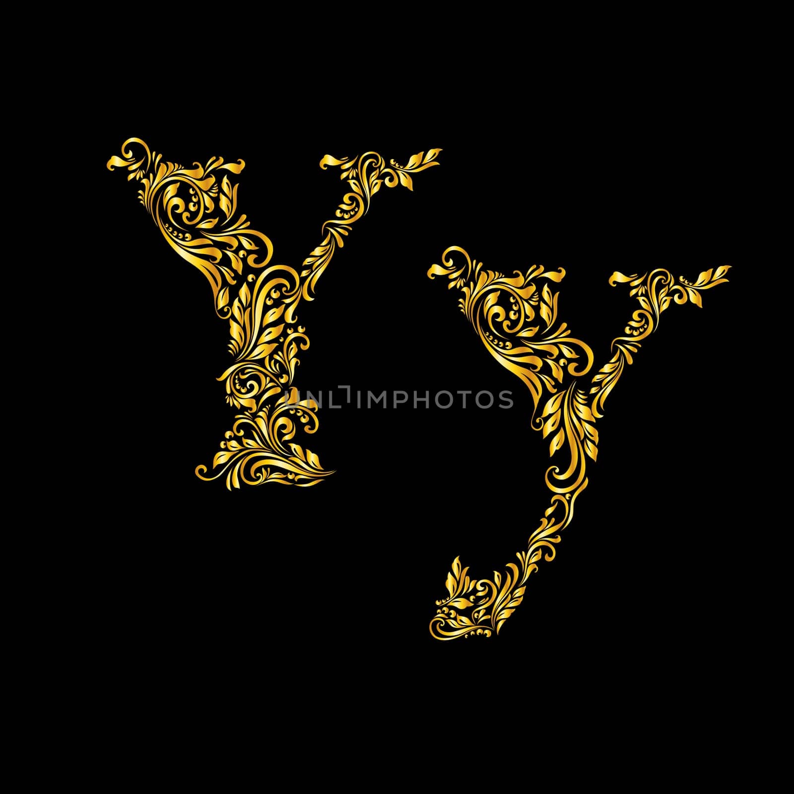 Richly decorated letter 'y' in upper and lower case.