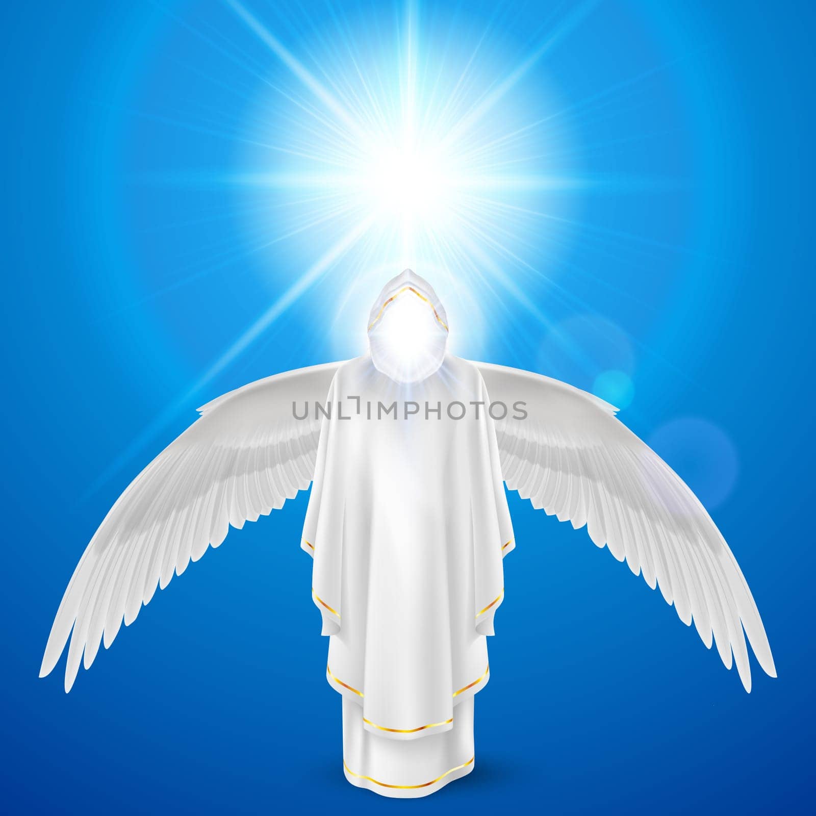 Gods guardian angel in white dress with wings down against sky background and bright sun flare. Religious concept