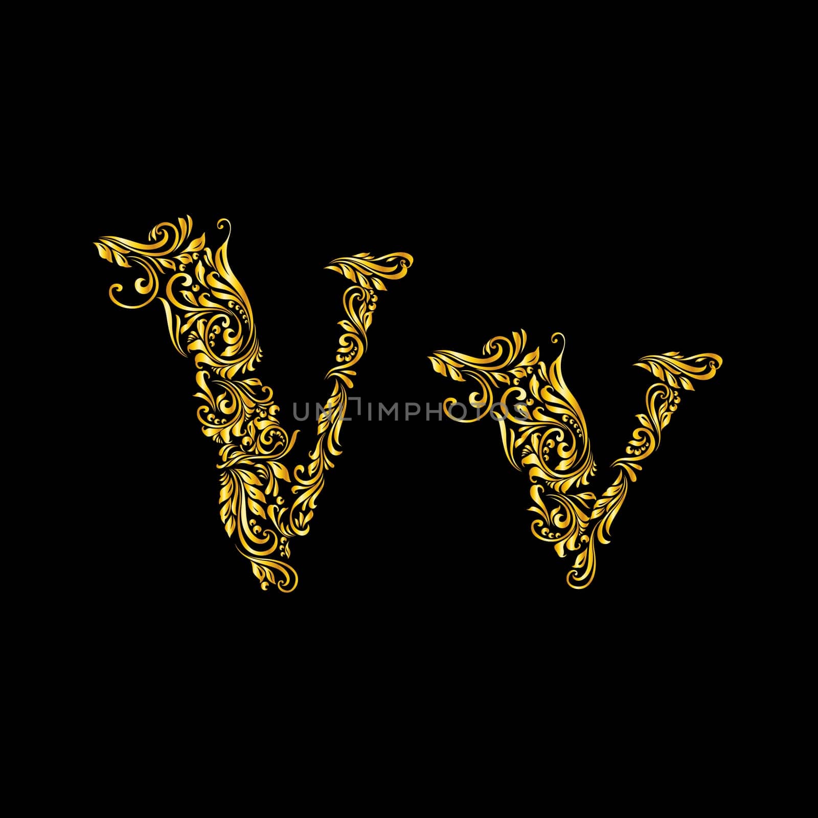 Richly decorated letter 'v' in upper and lower case.