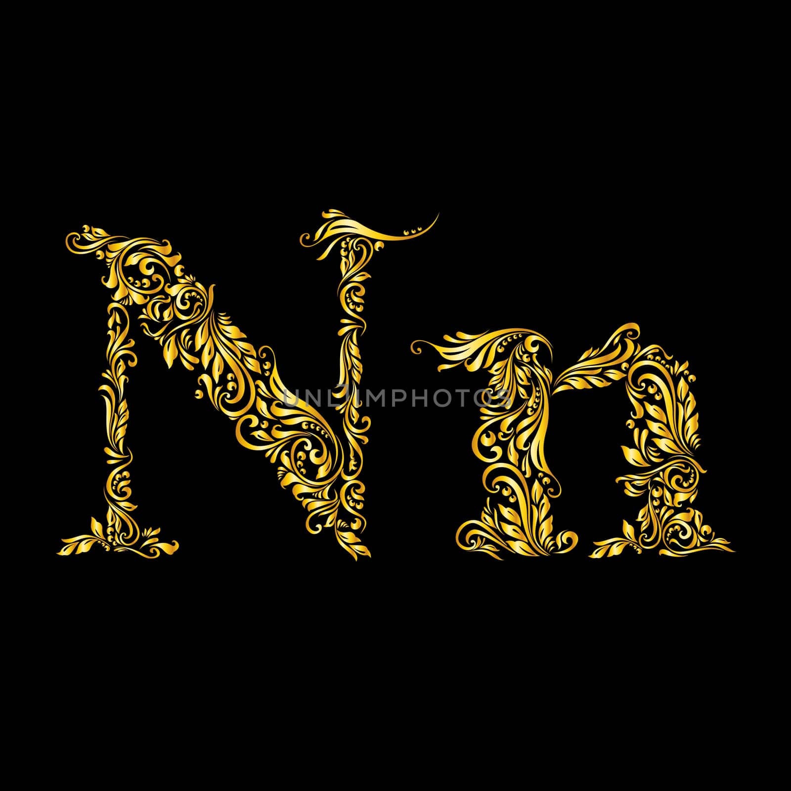 Richly decorated letter 'n' in upper and lower case.