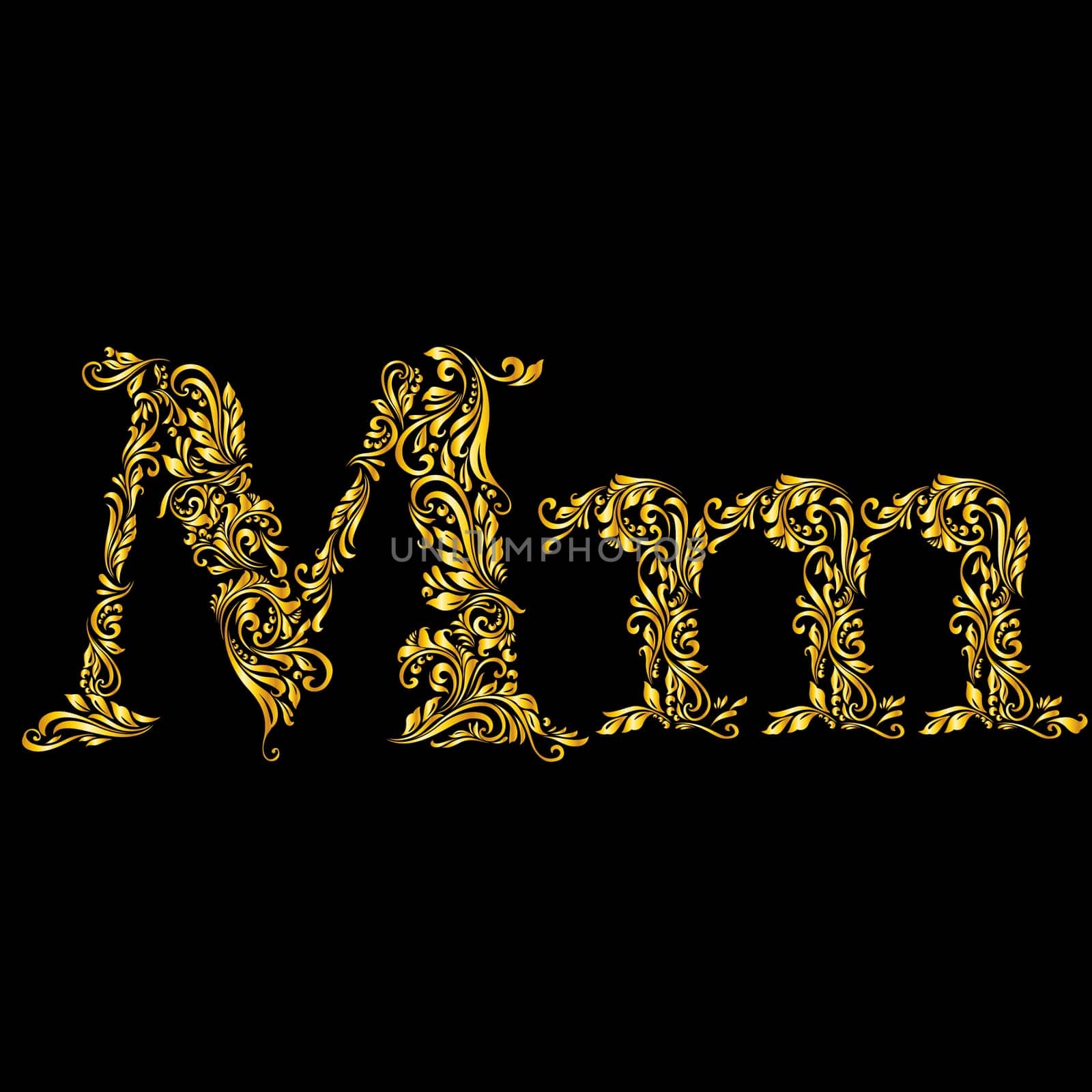 Richly decorated letter 'm' in upper and lower case.