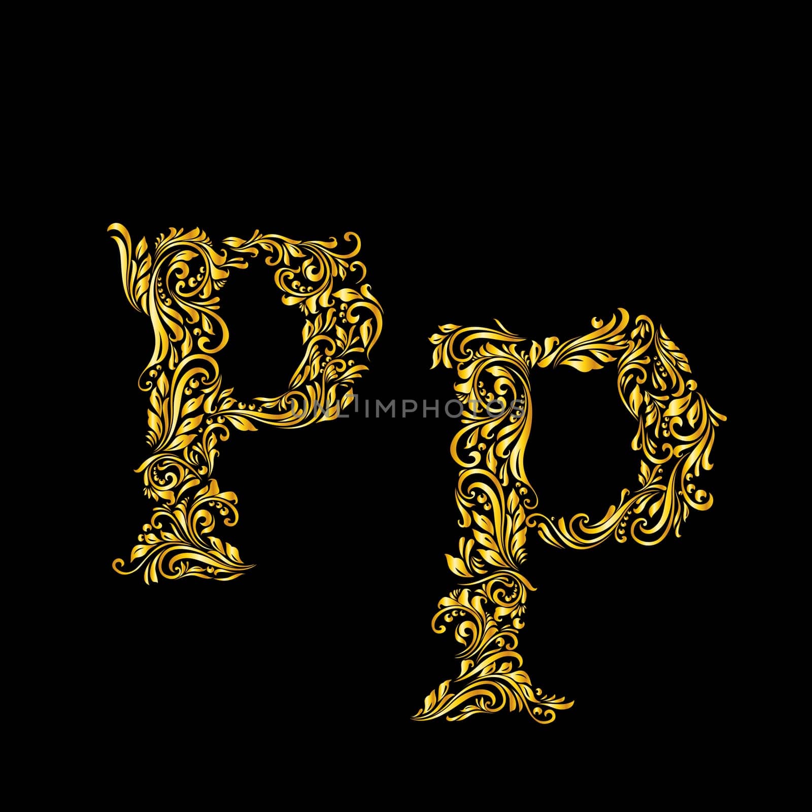 Richly decorated letter 'p' in upper and lower case.