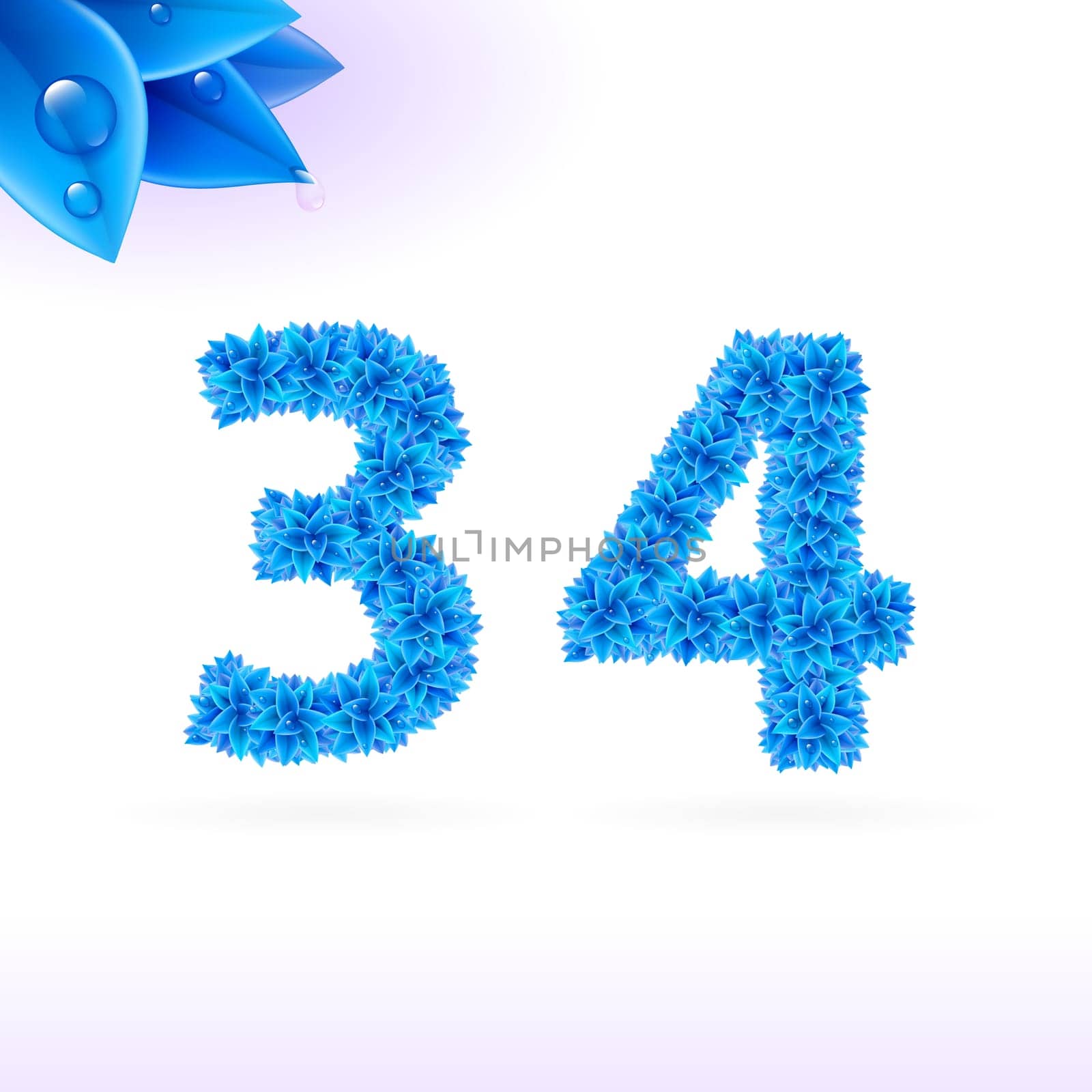 Sans serif font with blue leaf decoration on white background. 3 and 4 numerals