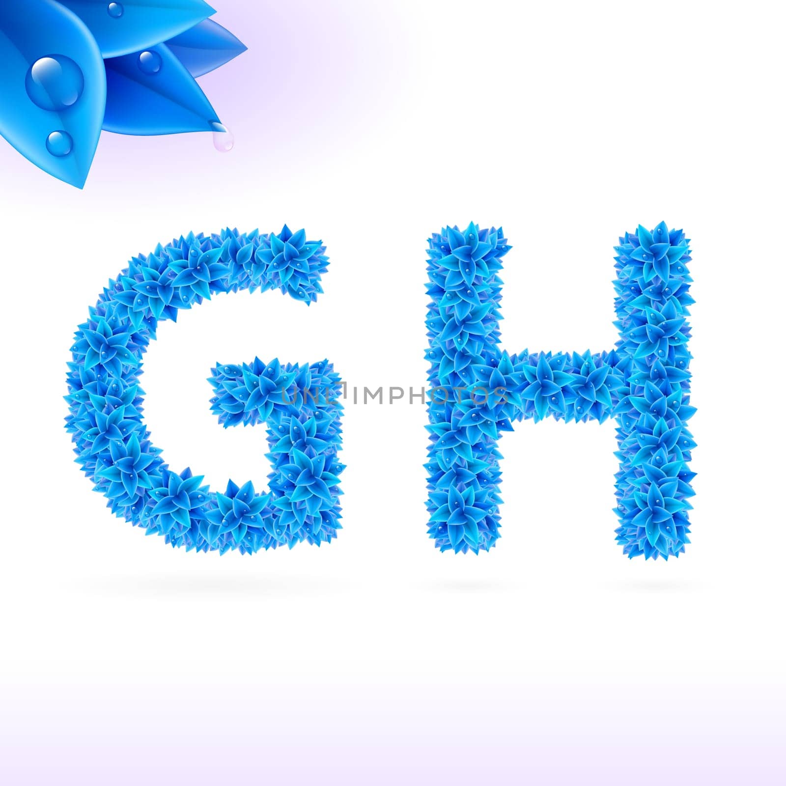 Sans serif font with blue leaf decoration on white background. G and H letters
