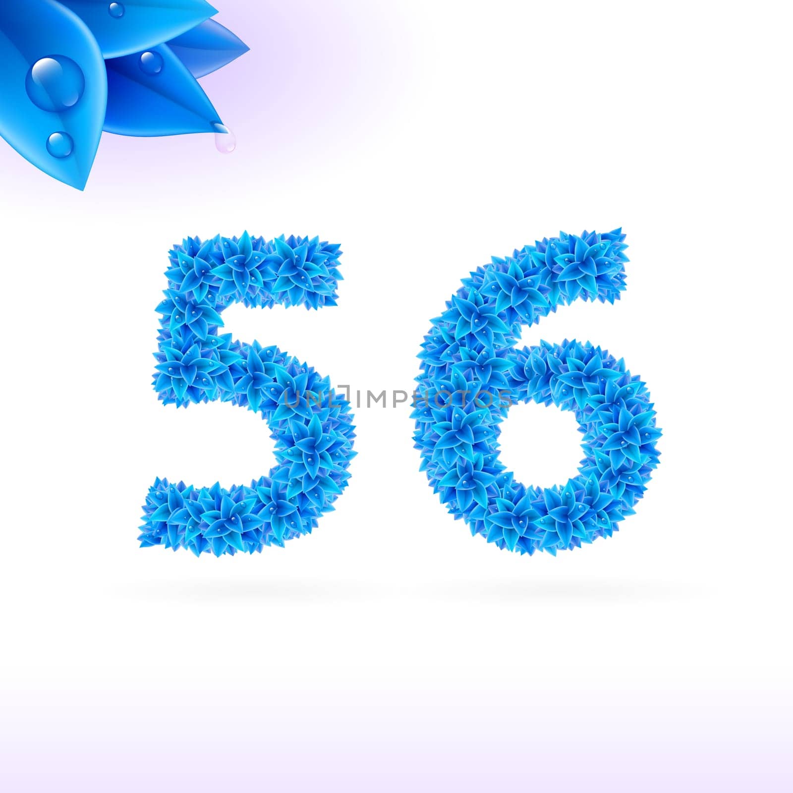 Sans serif font with blue leaf decoration on white background. 5 and 6 numerals