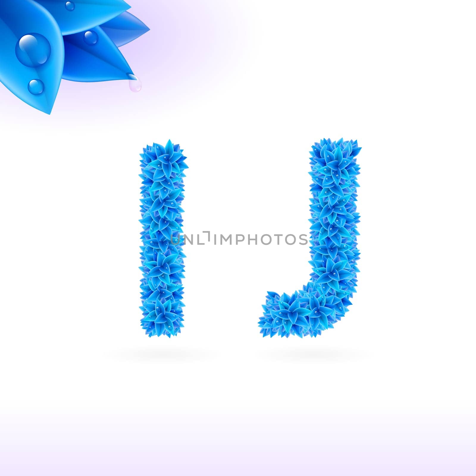 Sans serif font with blue leaf decoration on white background. I and J letters