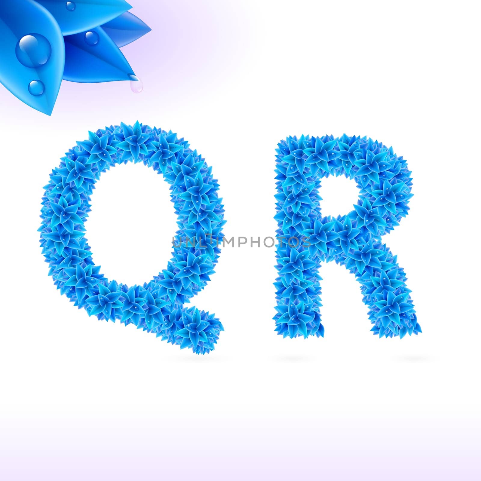Sans serif font with blue leaf decoration on white background. Q and R letters