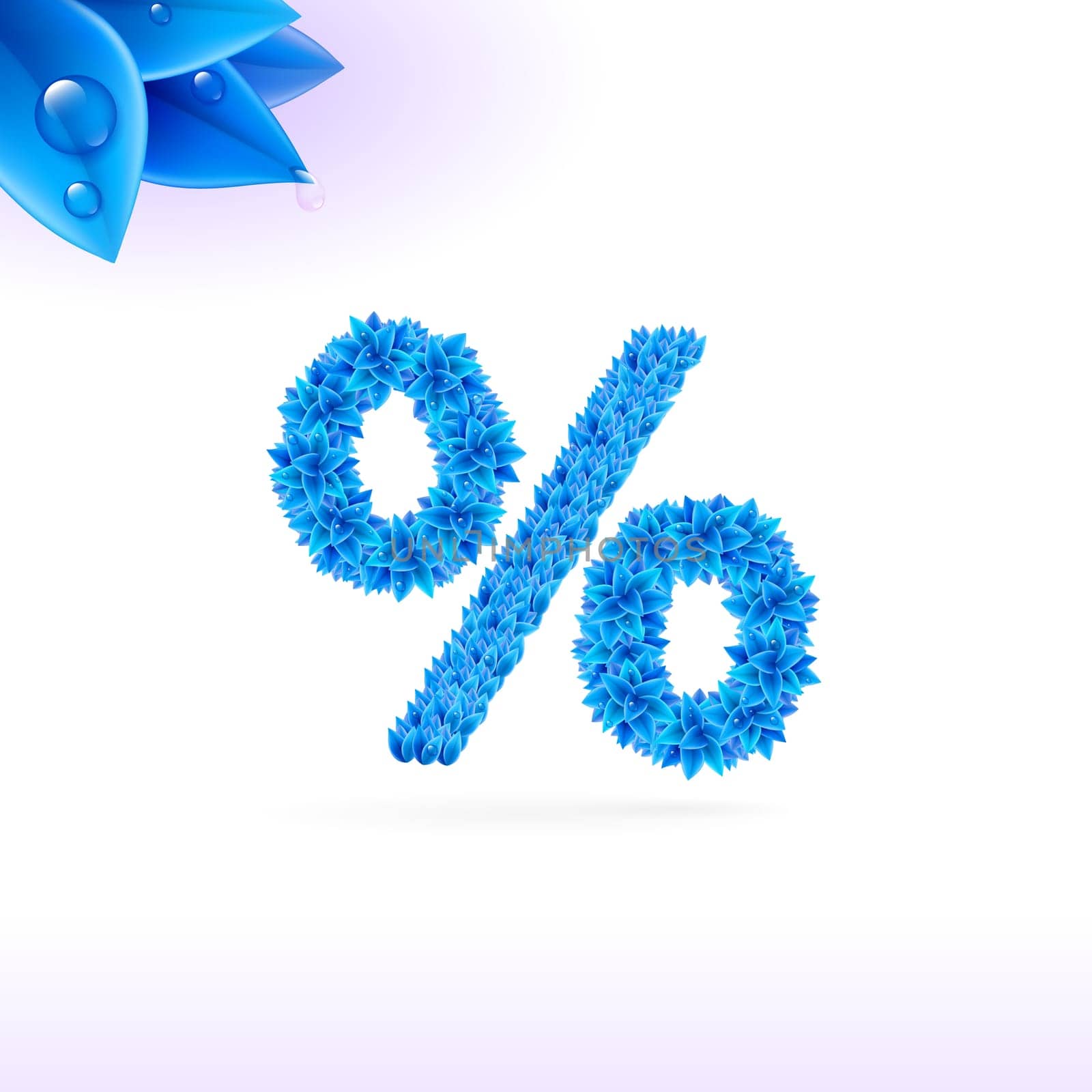 Sans serif font with blue leaf decoration on white background. Per cent sign