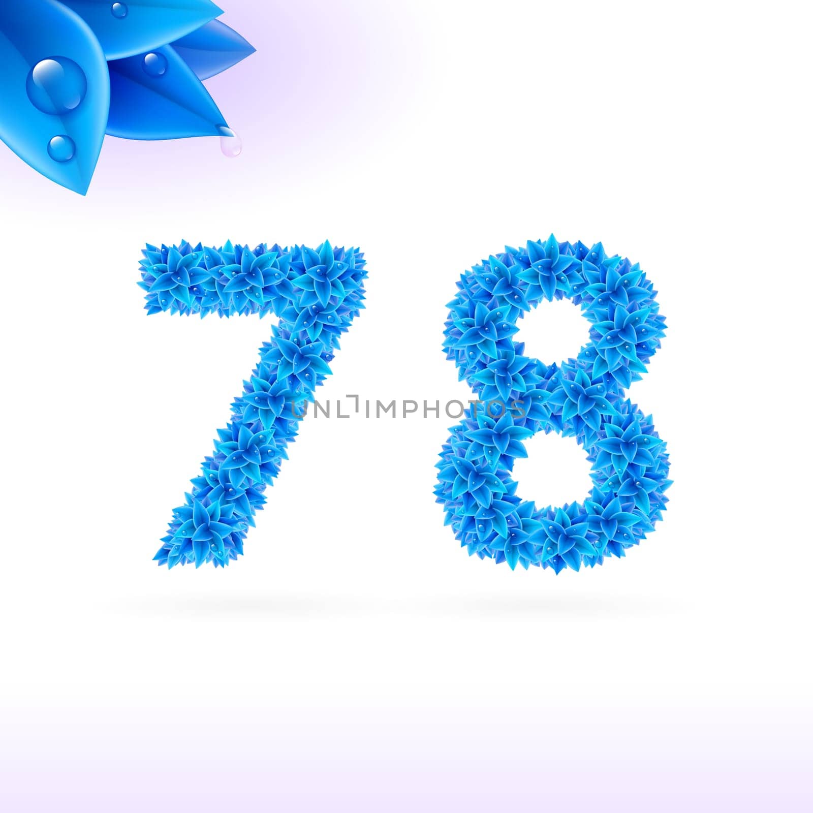 Sans serif font with blue leaf decoration on white background. 7 and 8 numerals