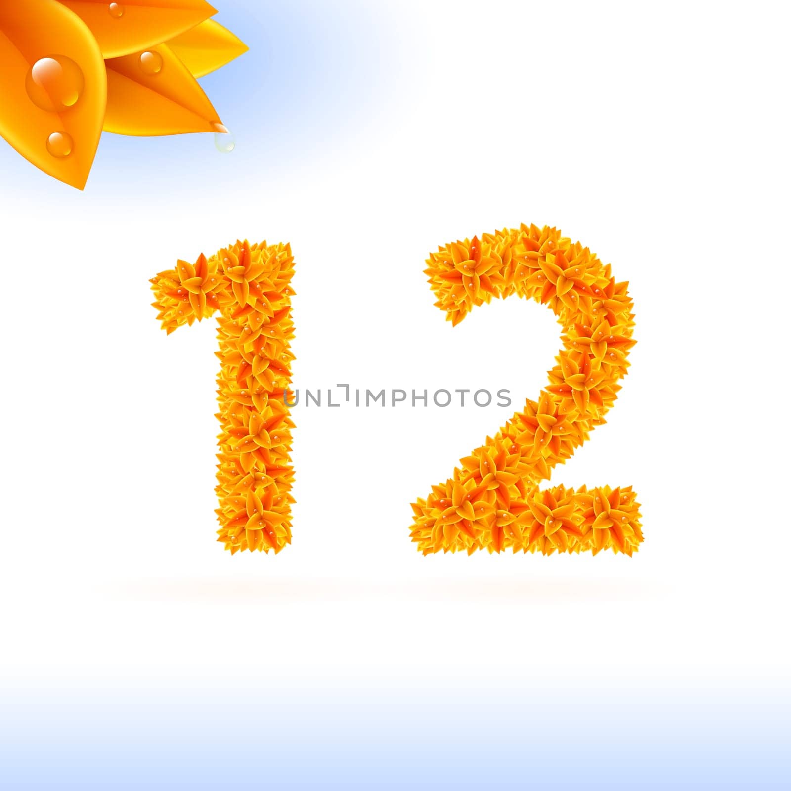Sans serif font with autumn leaf decoration on white background. 1 and 2 numerals