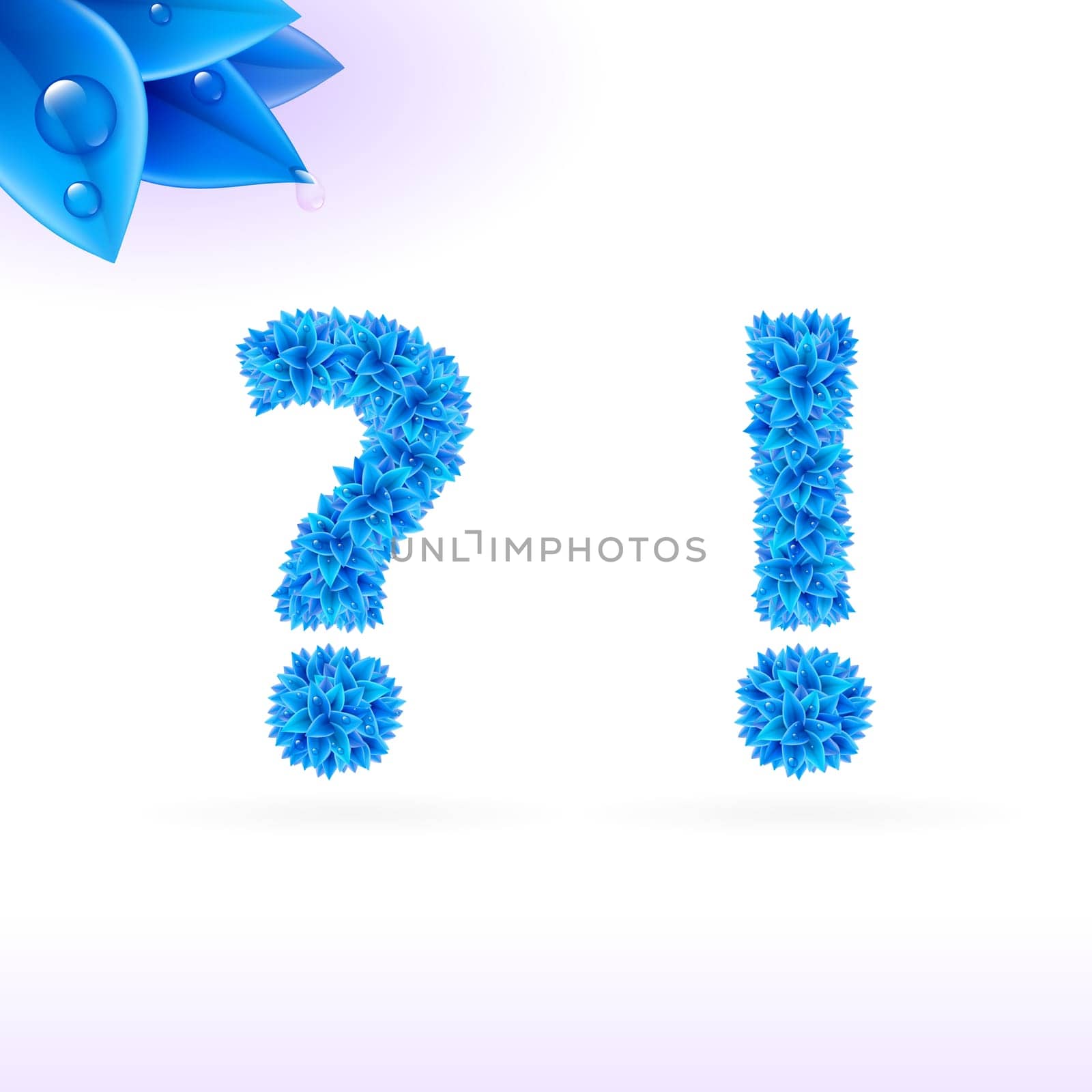 Sans serif font with blue leaf decoration on white background. Question and exclamation marks