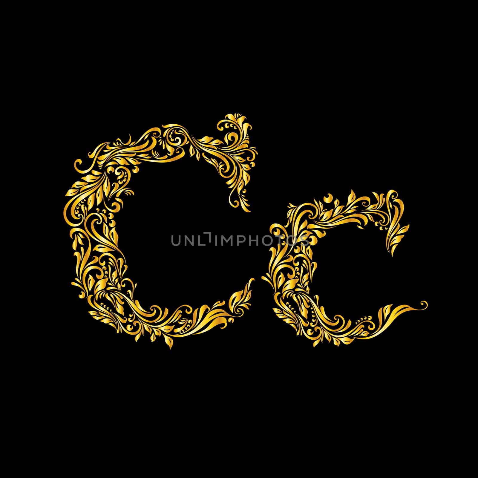 Richly decorated letter 'c' in upper and lower case on black background.