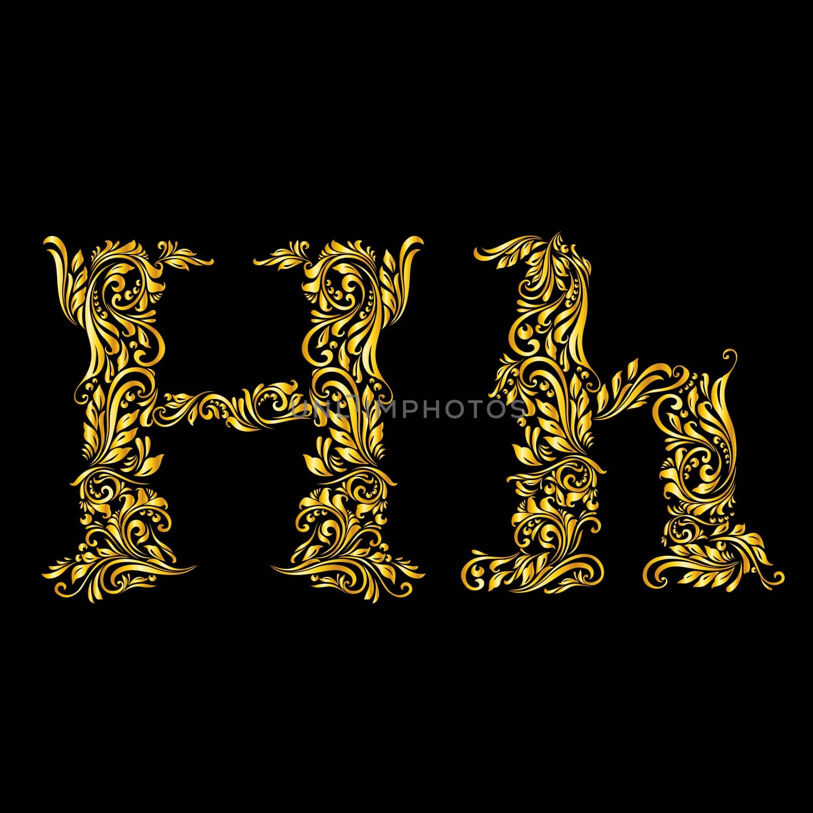 Richly decorated letter 'h' in upper and lower case on black background.