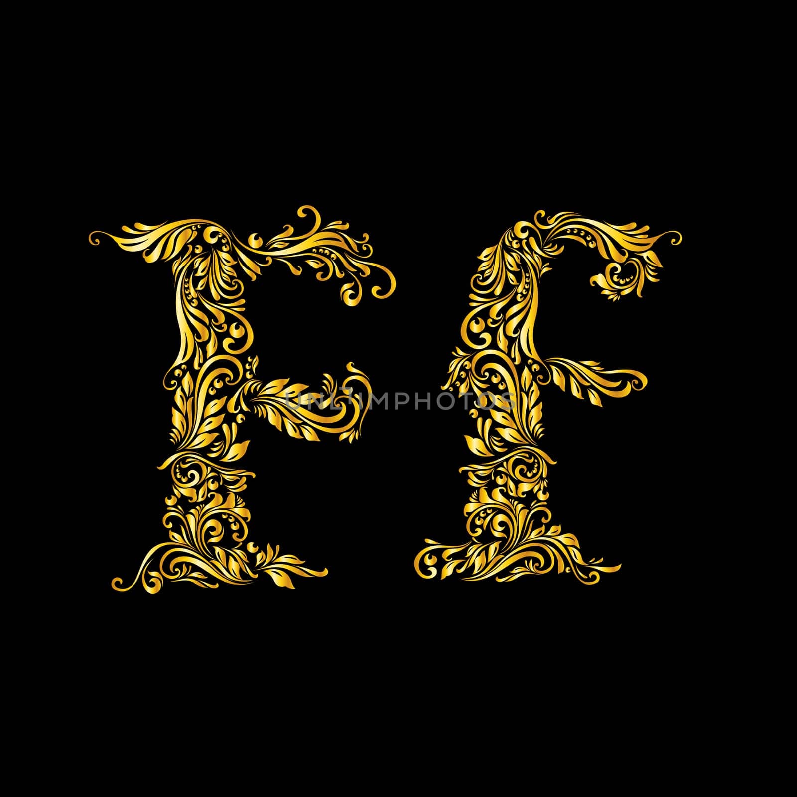 Richly decorated letter 'f' in upper and lower case on black background.