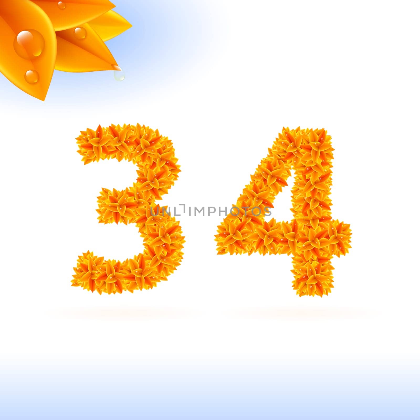 Sans serif font with autumn leaf decoration on white background. 3 and 4 numerals
