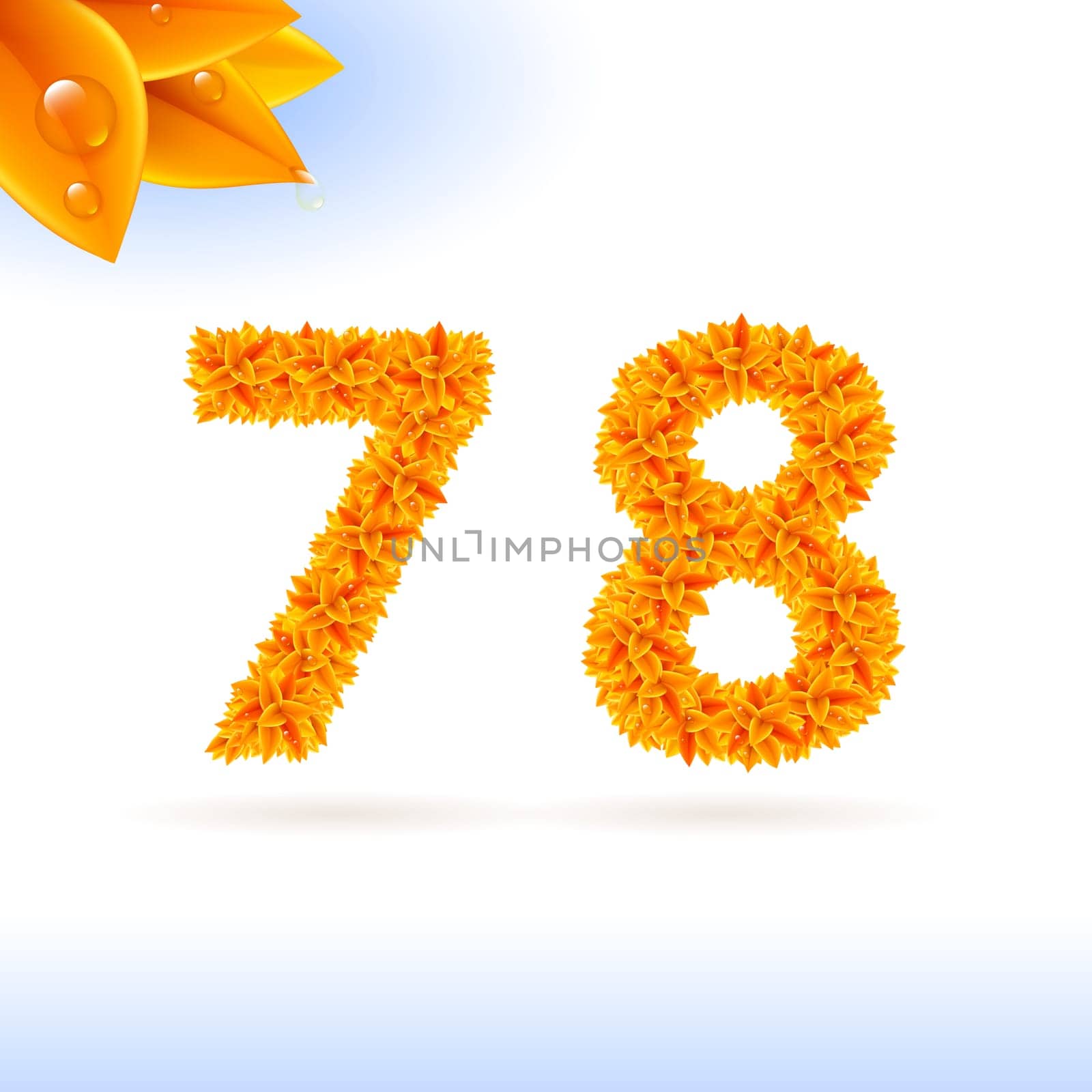 Sans serif font with autumn leaf decoration on white background. 7 and 8 numerals