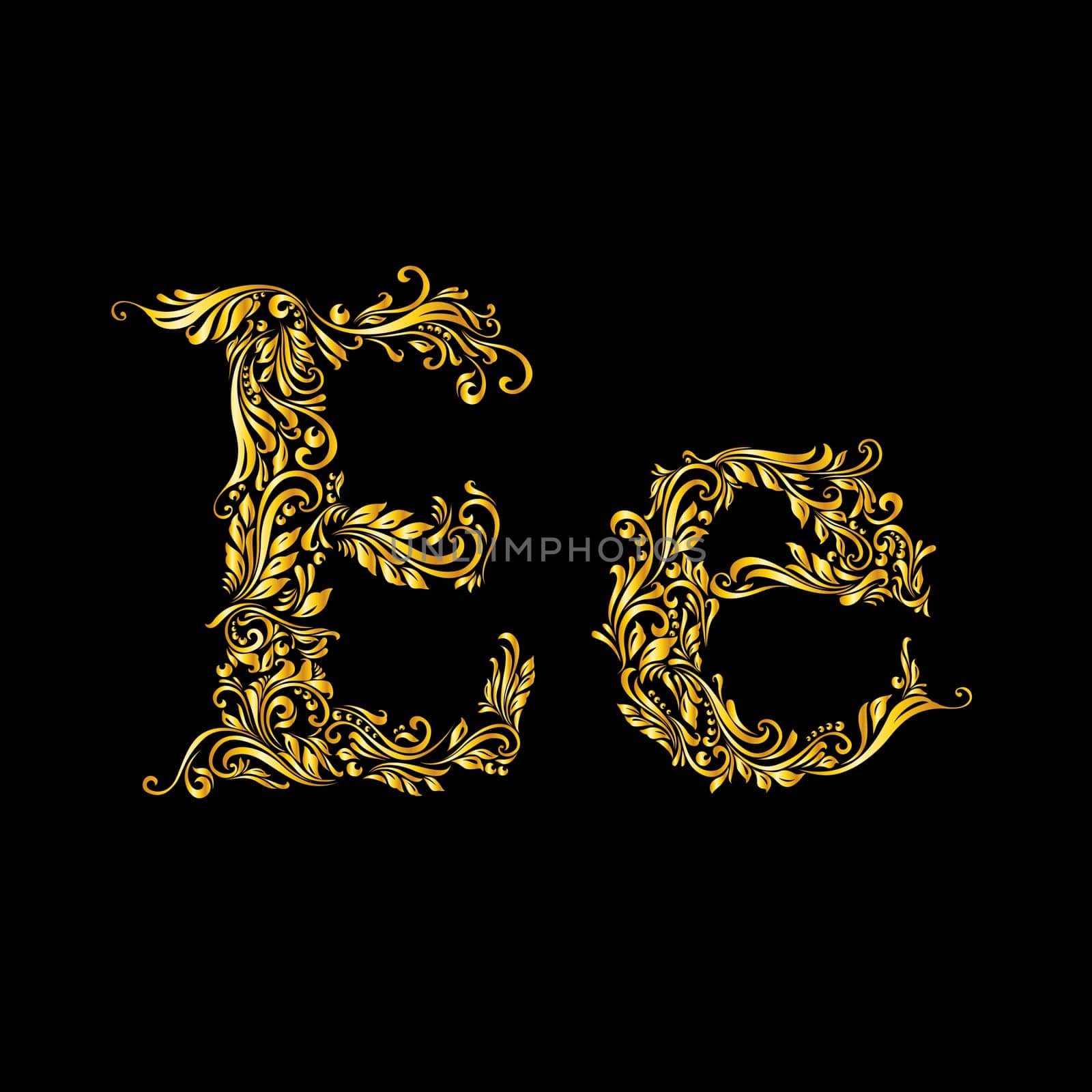 Richly decorated letter 'e' in upper and lower case on black background.
