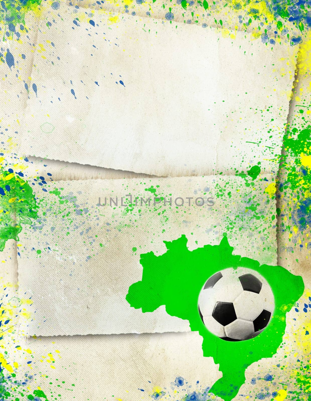Vintage photo of soccer ball, Brazil map and the colors of the Brazil flag
