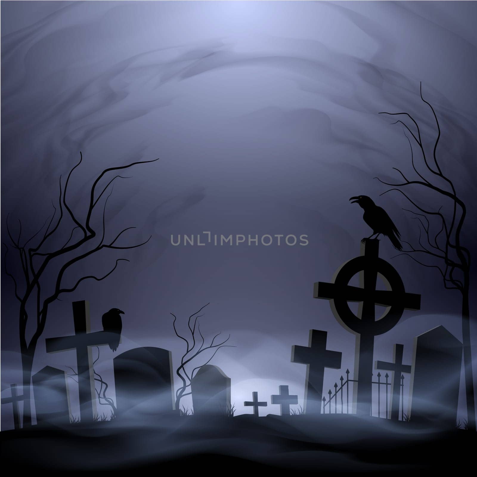 Night cemetery. Headstones and crosses. Clouds and fog.