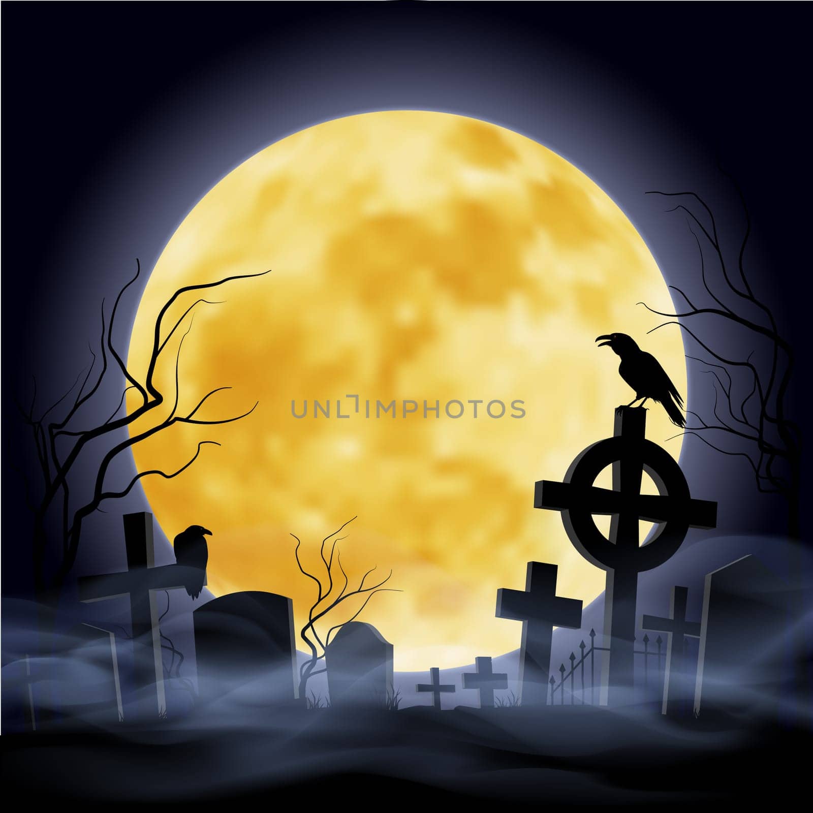 Cemetry at the night. Yellow moon. Headstone.