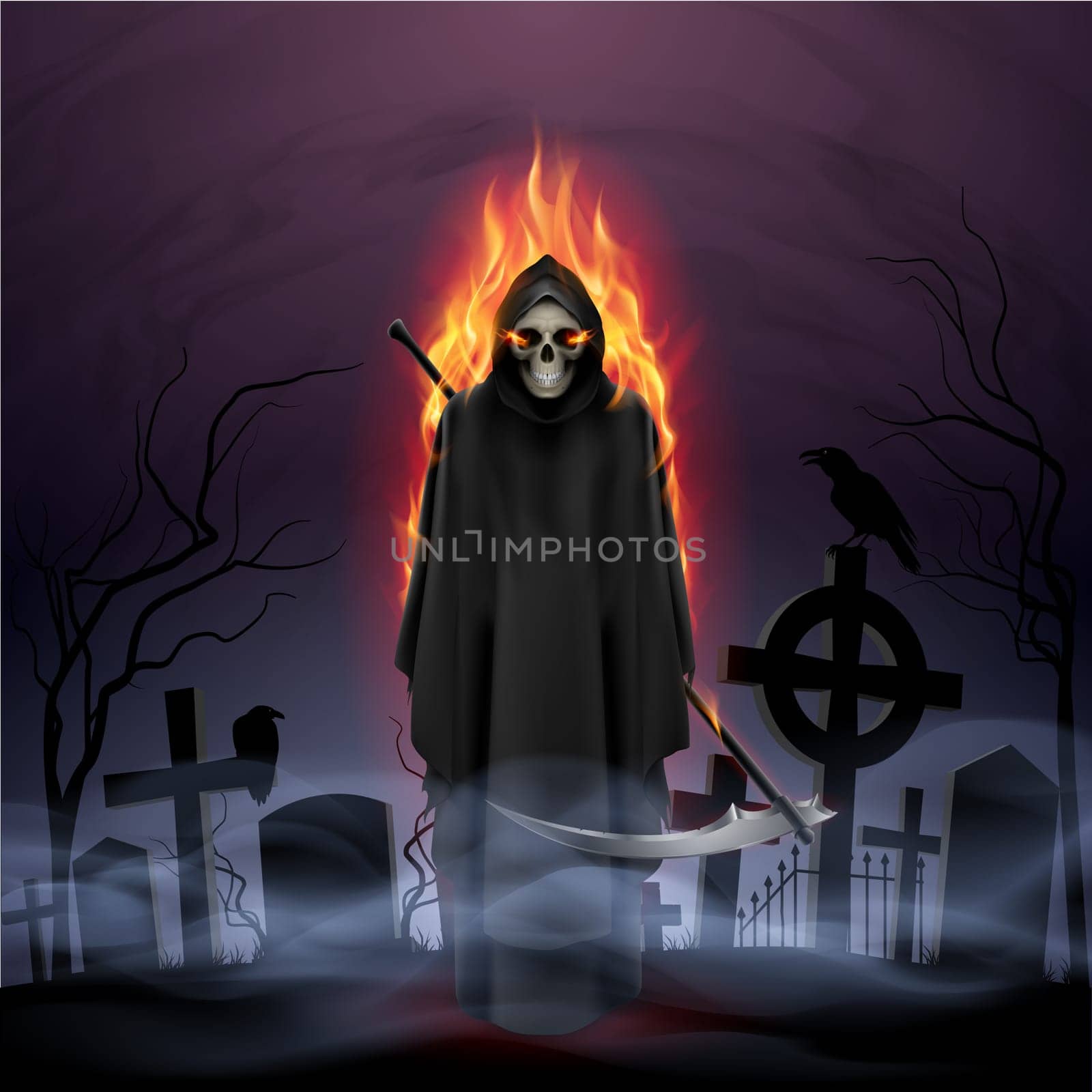 Ghost in fire with a scythe in the night.