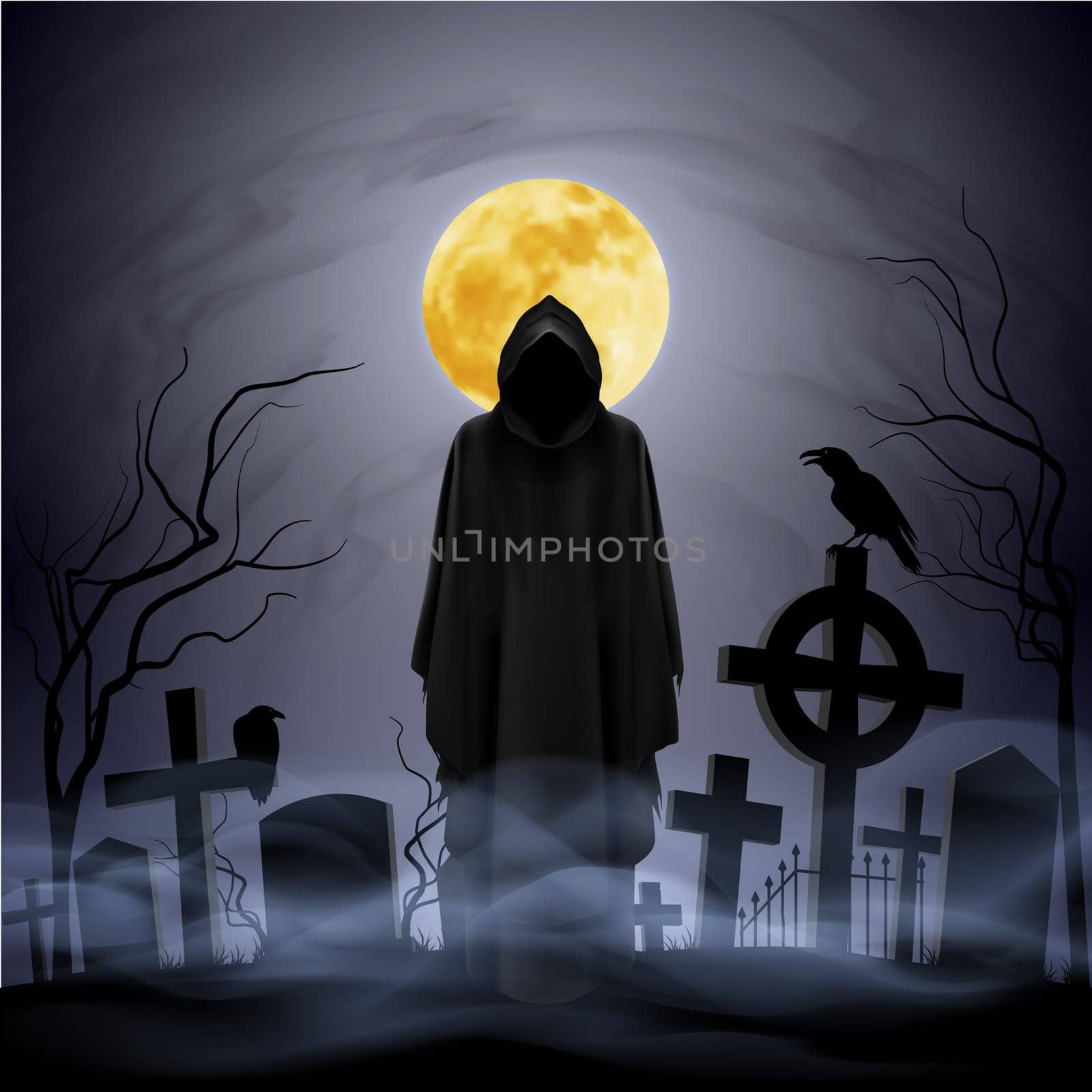 The black ghost on the cemetery. Yellow moon.