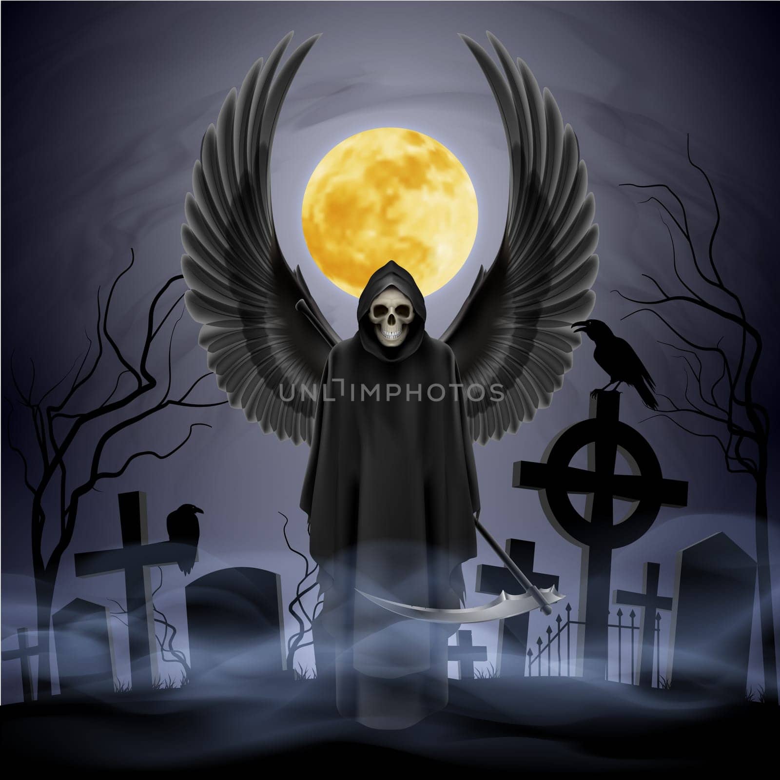 Angel of death on the night cemetery.