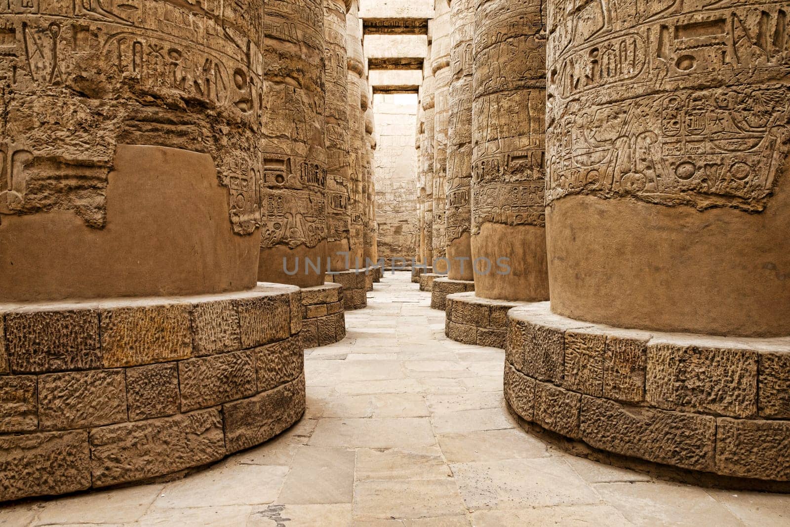 Close up of columns covered in hieroglyphics, Karnak, Egypt.
