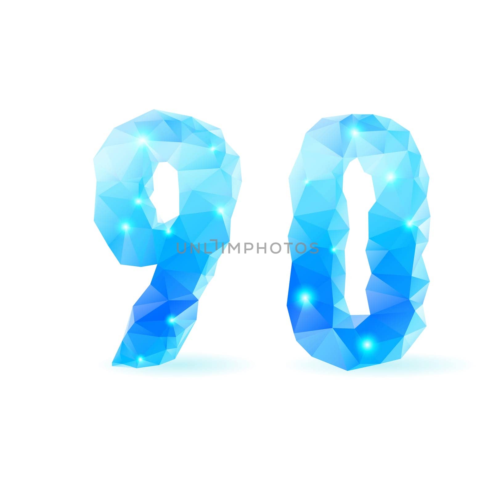 Shiny blue polygonal font. Crystal style 9 and 0 numerals