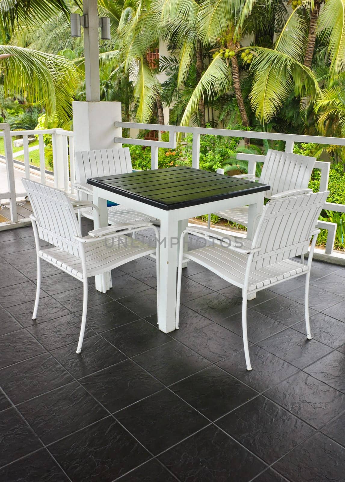 Outdoors white chair and table