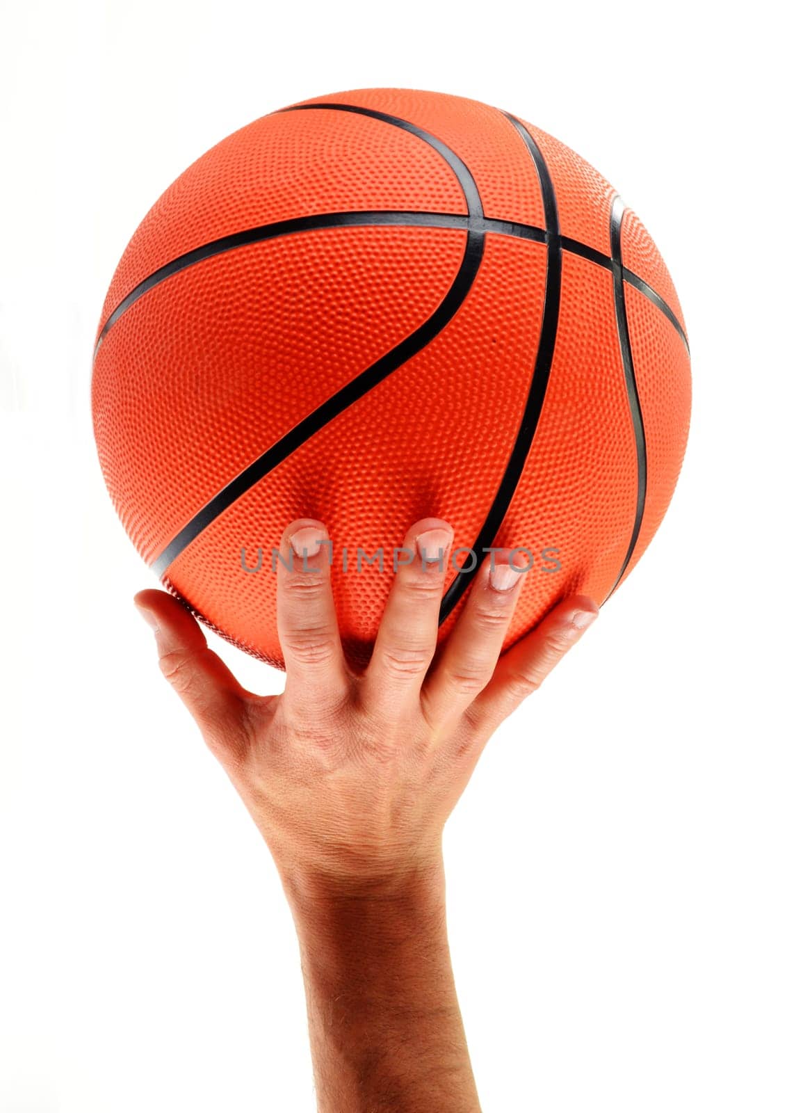 Hand and basketball isolated on white background