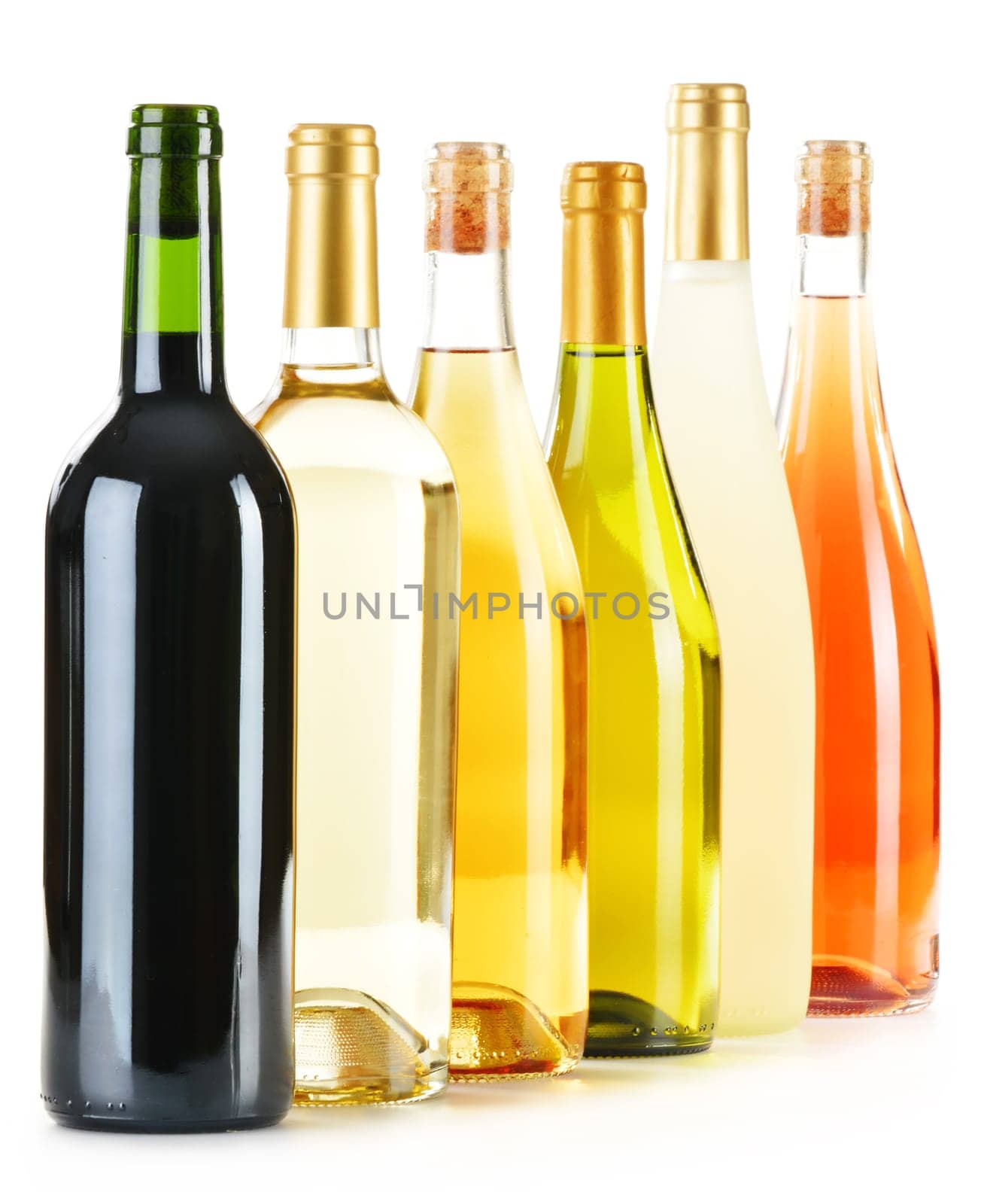 Composition with variety of wine bottles isolated on white