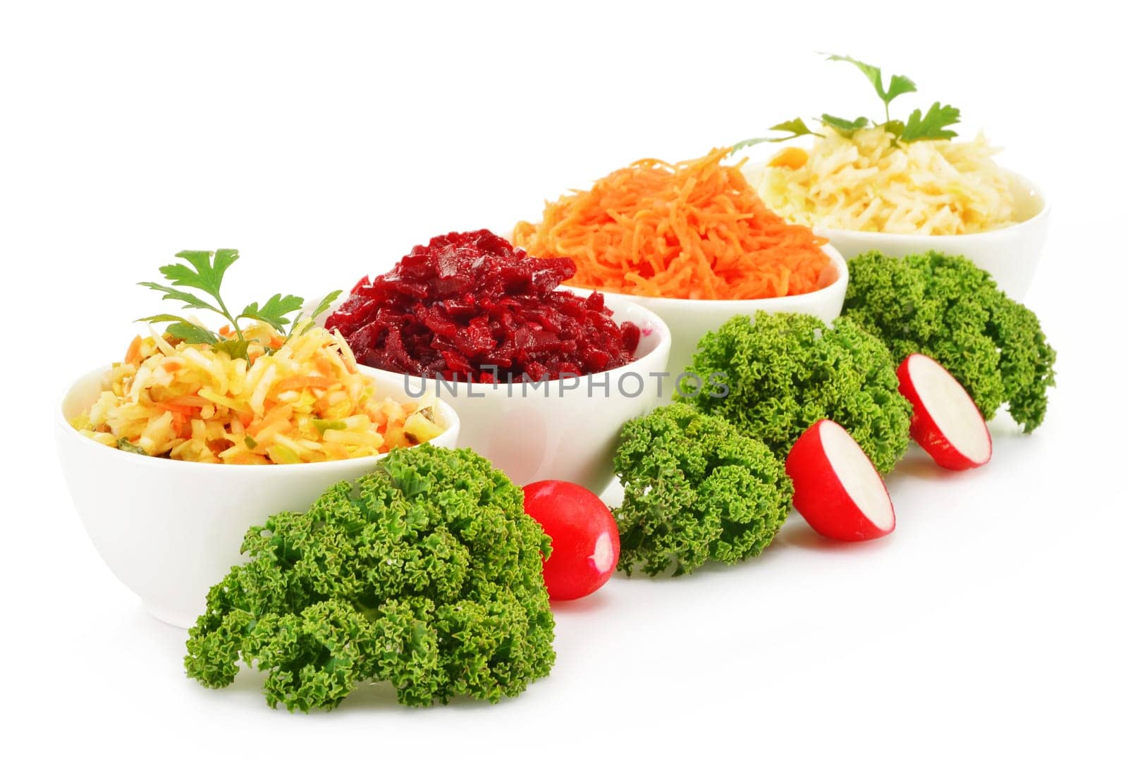 Composition with four vegetable salad bowls