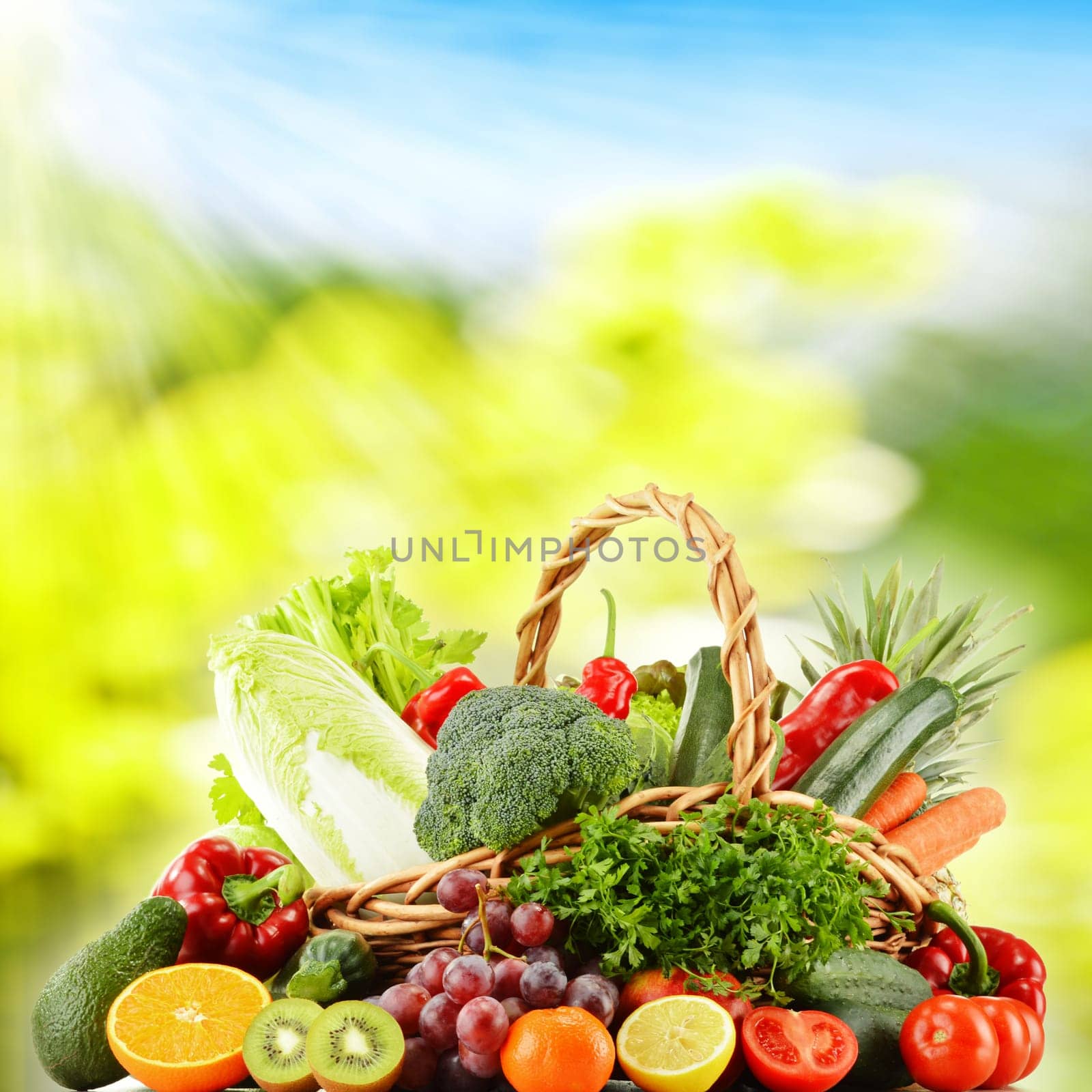 Wicker basket with groceries