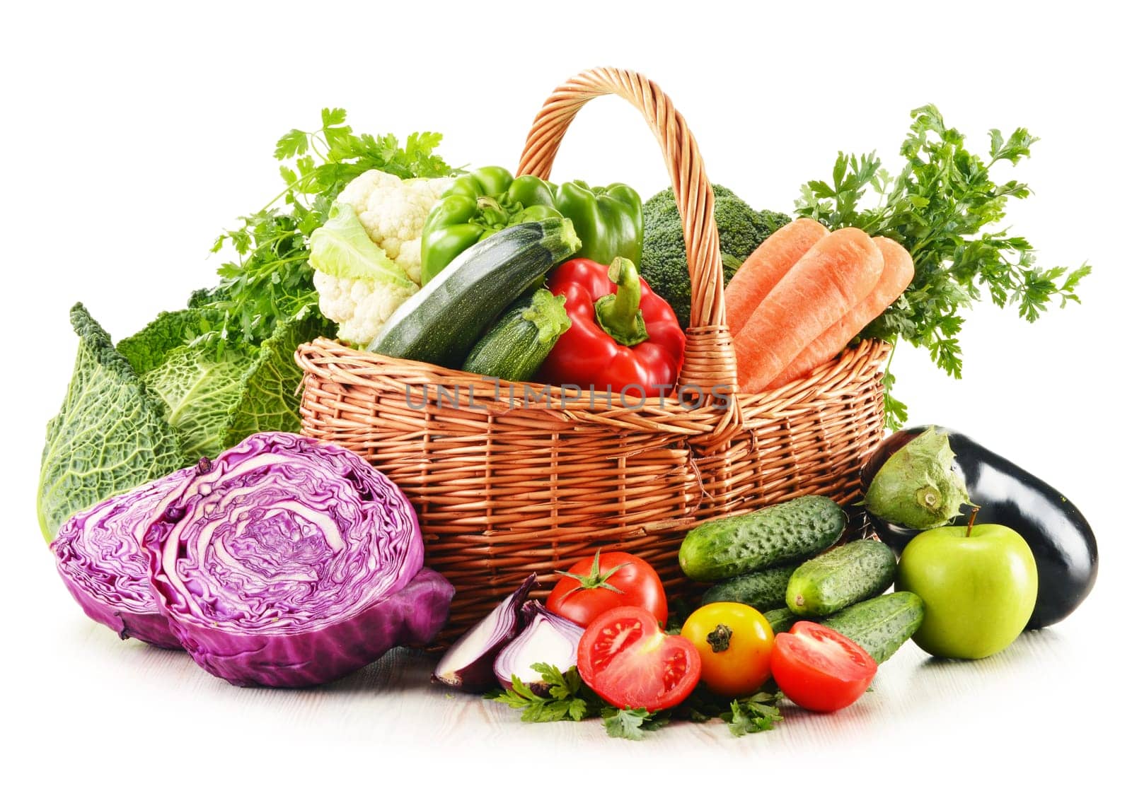 Composition with variety of fresh organic vegetables isolated on white