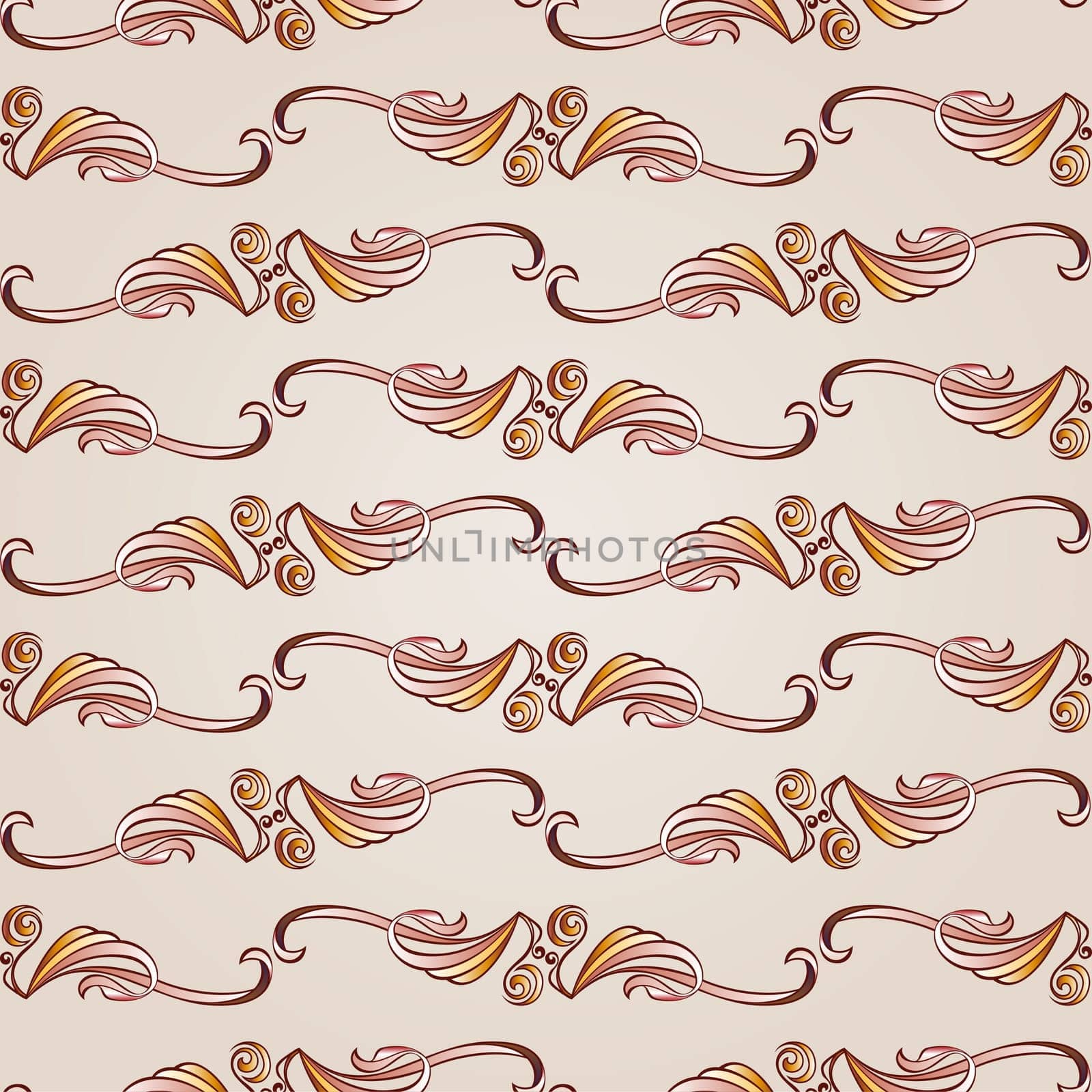 Seamless pattern with ornate floral elements in brown, pastel rose pink and yellow shades