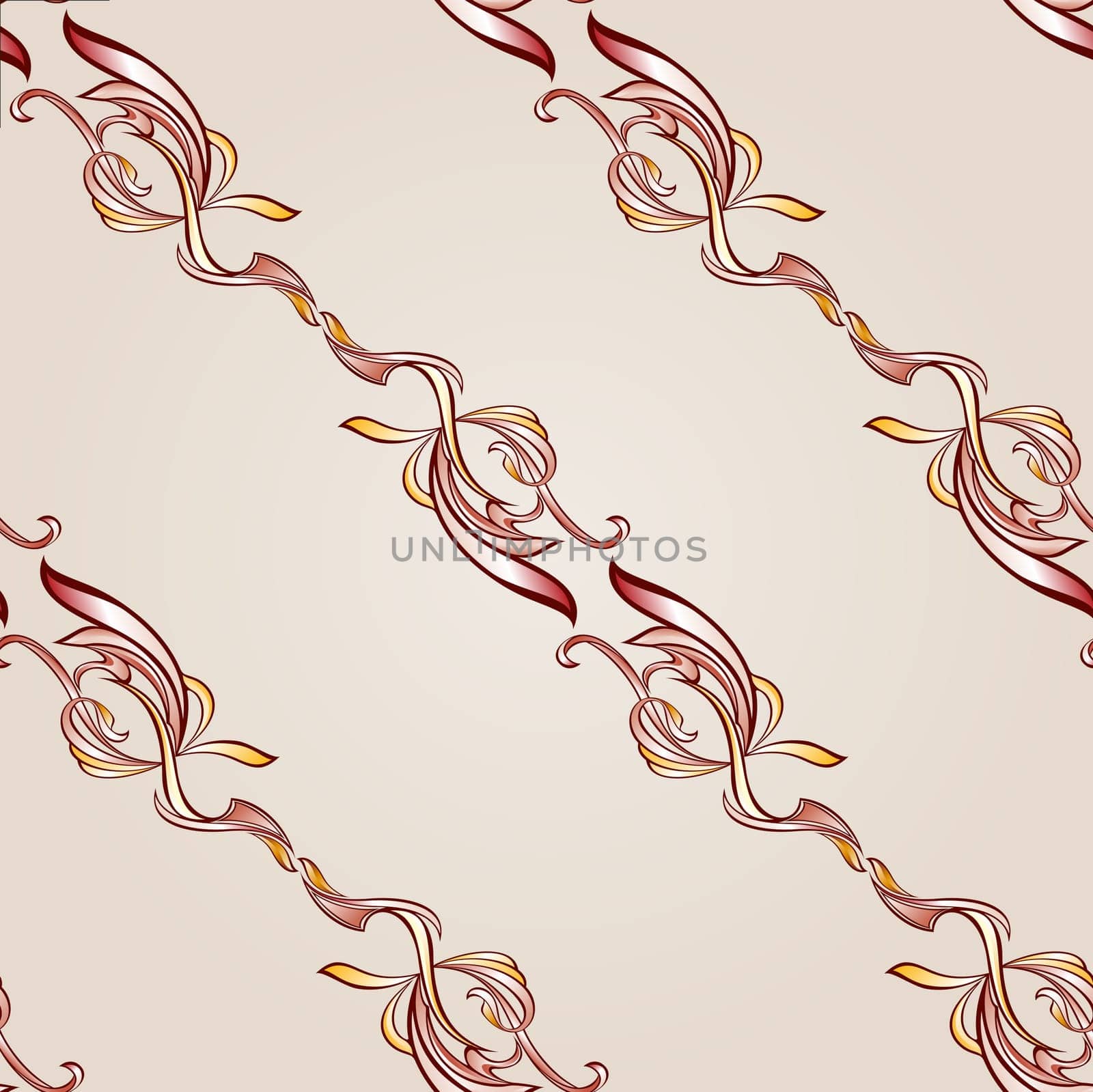 Seamless pattern with diagonal floral elements in burgundy, pink and yellow shades on pastel rose pink background