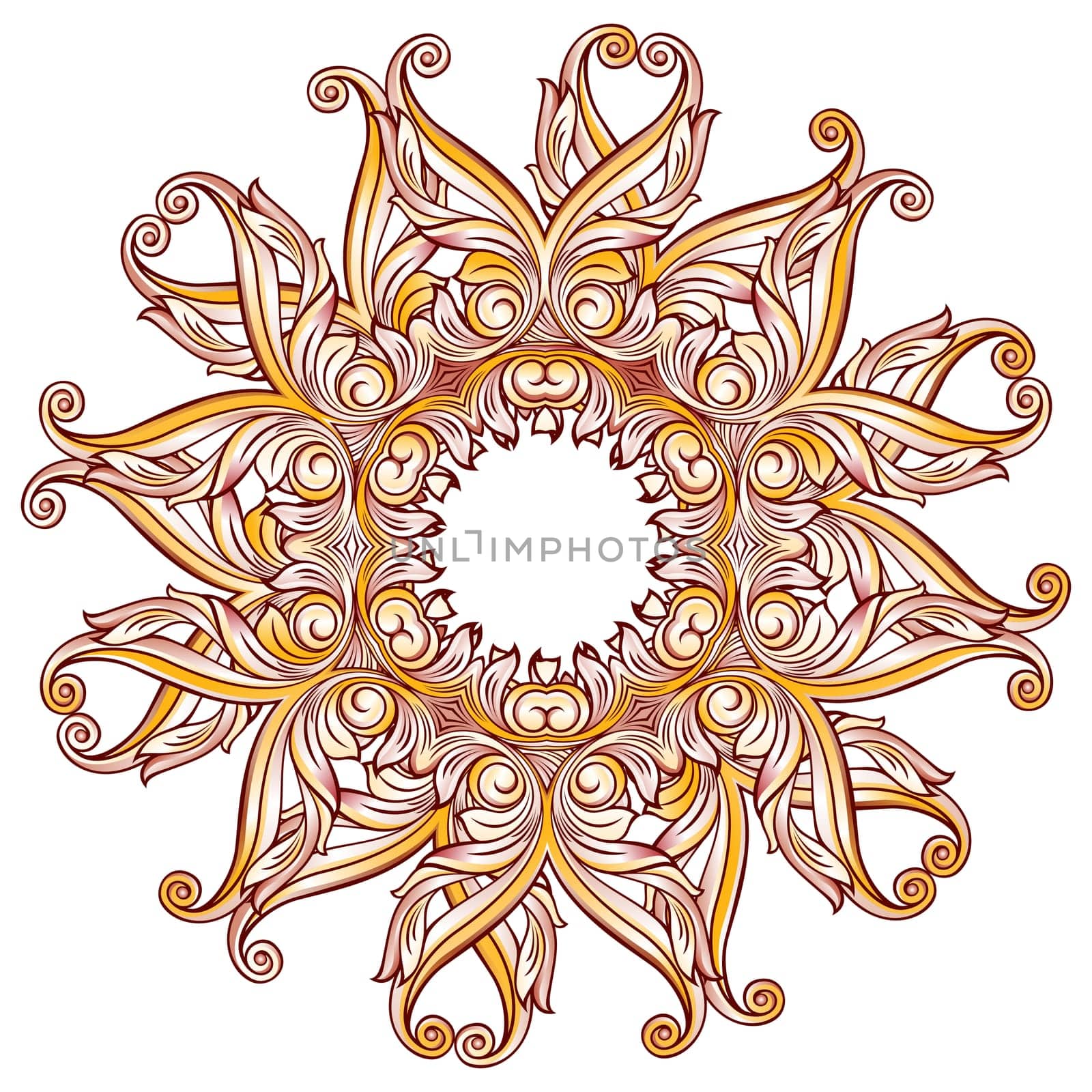 Ornate floral pattern in pastel rose pink and yellow shades on white background
