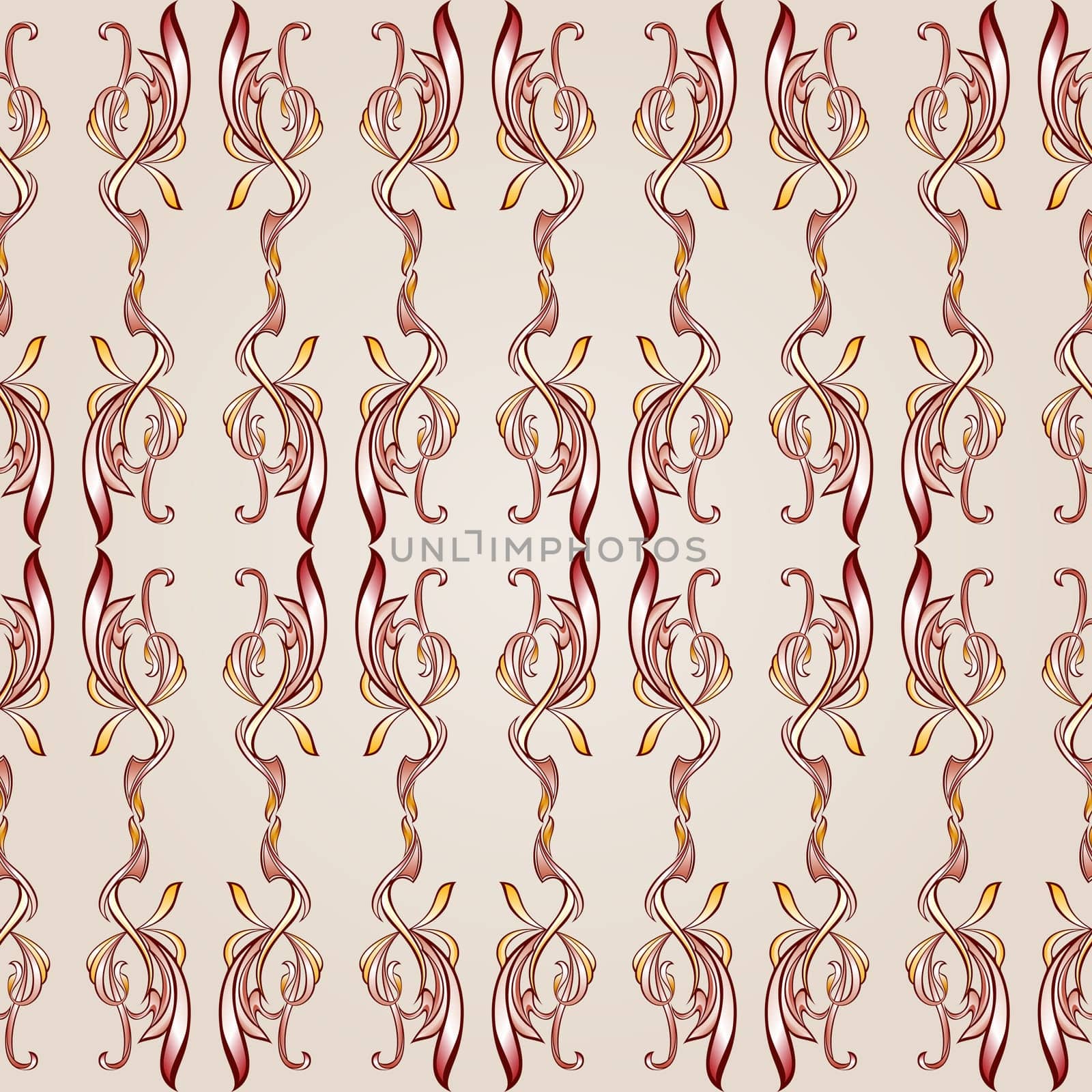 Seamless pattern with woven floral elements  in burgundy, pink and yellow shades on pastel rose pink background