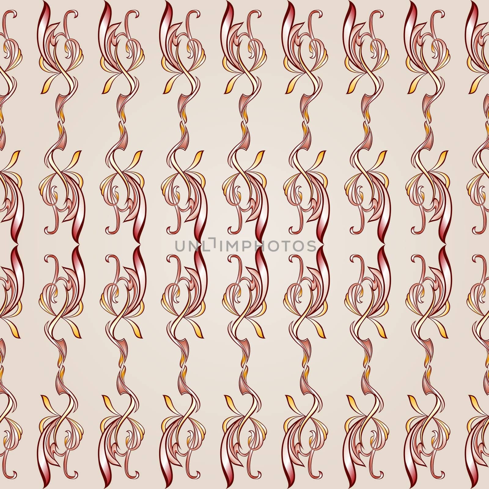 Seamless pattern with ornate floral elements in burgundy, pink and yellow shades on pastel rose pink background