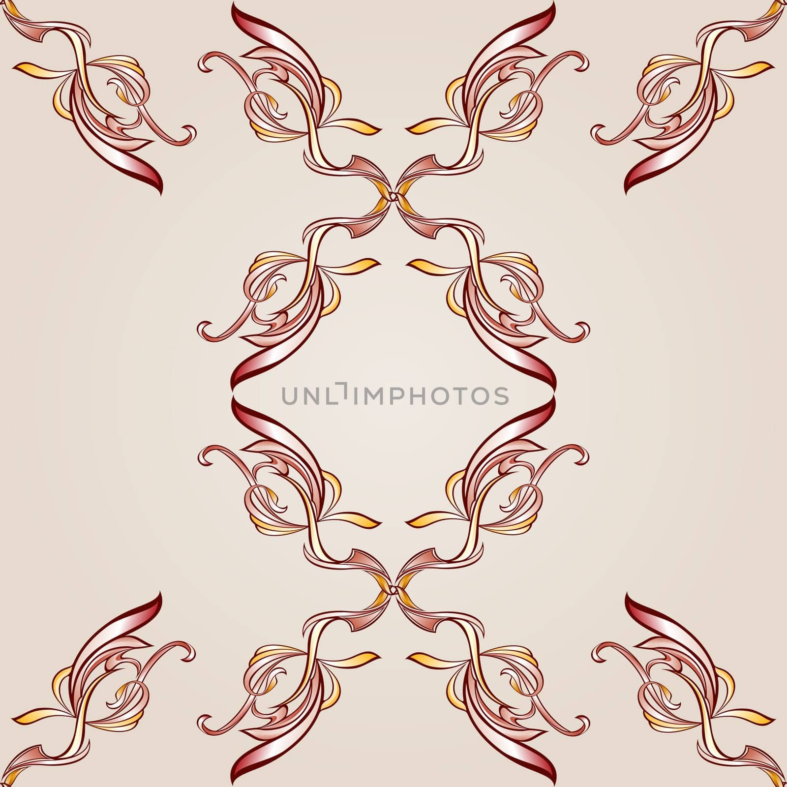 Seamless pattern with floral cross elements in burgundy, pink and yellow shades on pastel rose pink background